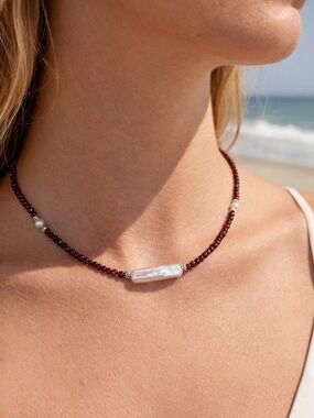 Purple Garnet & Freshwater Pearl Silver Gemstone Necklace #82